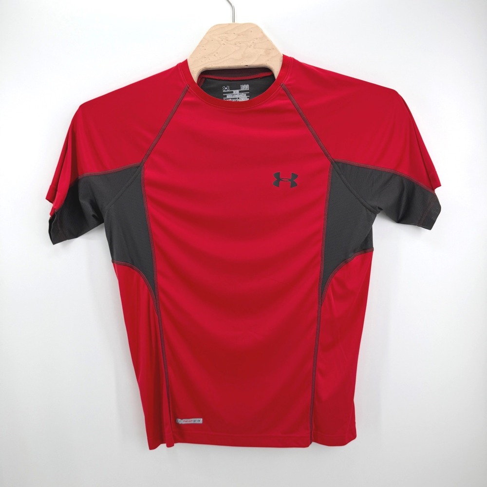 Under Armour HeatGear Shirt Mens Large Red Grey Fitted Athletic Mesh Training